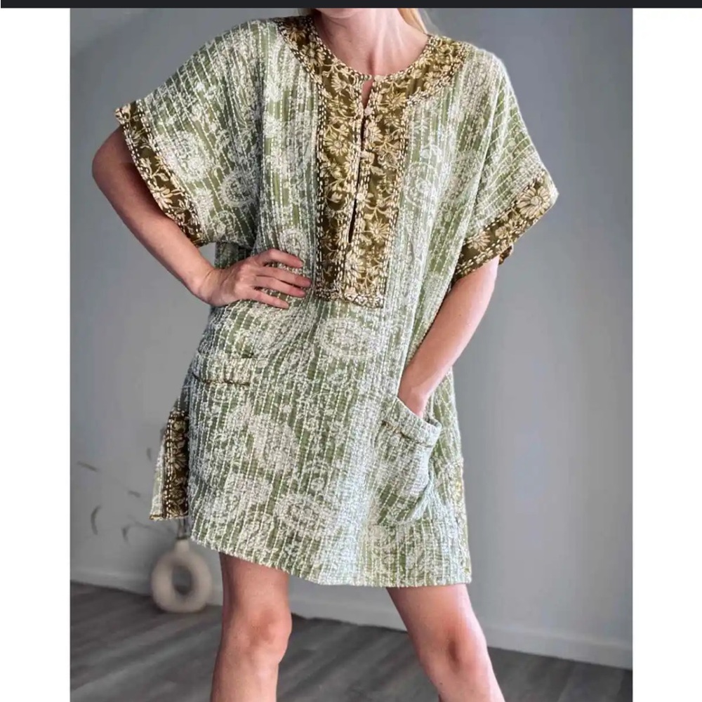 Zara Quilted Caftan Tunic Minidress Green Tribal XL